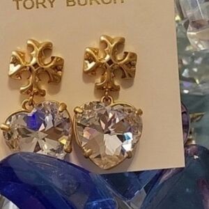Tory Burch Gold and Crystal Heart Earrings